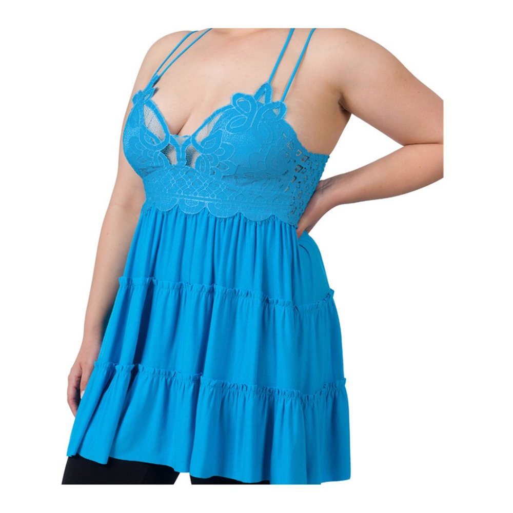 PLUS CROCHET LACE RUFFLE CAMI DRESS DEEP SKY BLUE 3X - Picture 9 of 11